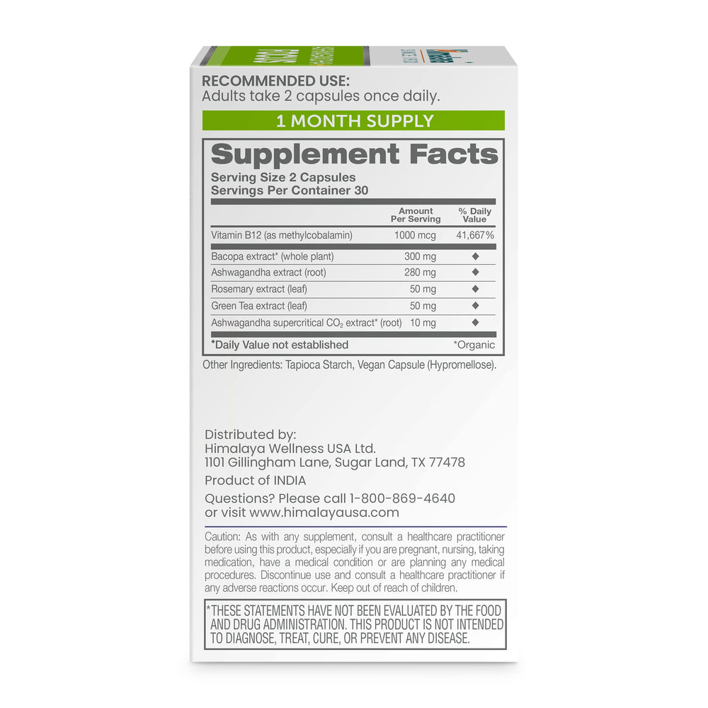 Front view of Himalaya Ashwagandha+ Focus packaging displaying 60 caplets