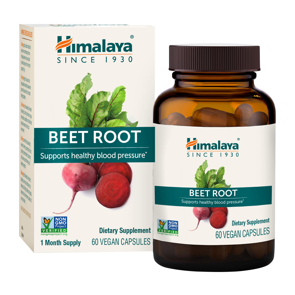 Himalaya Beet Root capsules front label highlighting vegan, gluten-free blood pressure support.