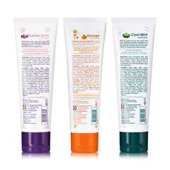 Close-up of Himalaya Botanique Kids Toothpaste flavors: Bubble Gum, Orange, Cool Mint