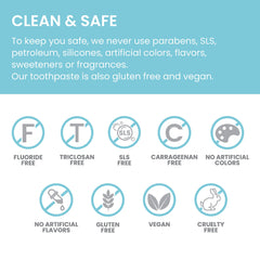 Label showing fluoride-free and SLS-free formula