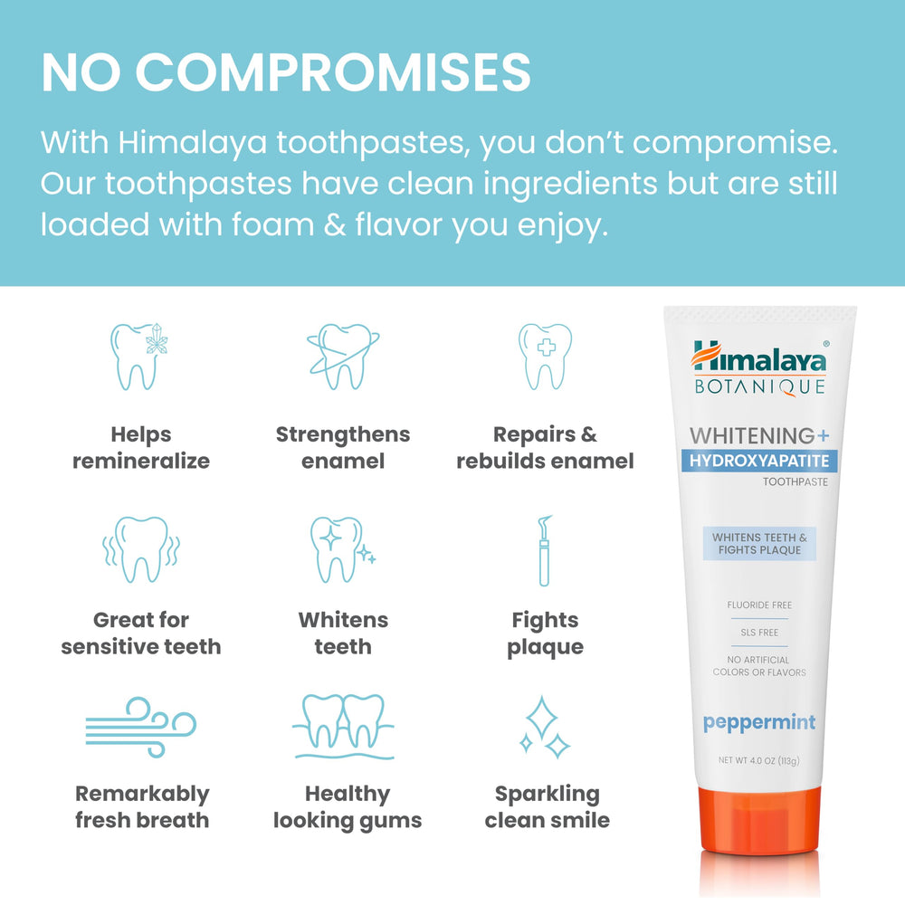 Ingredients panel featuring nano hydroxyapatite and herbal whitening formula