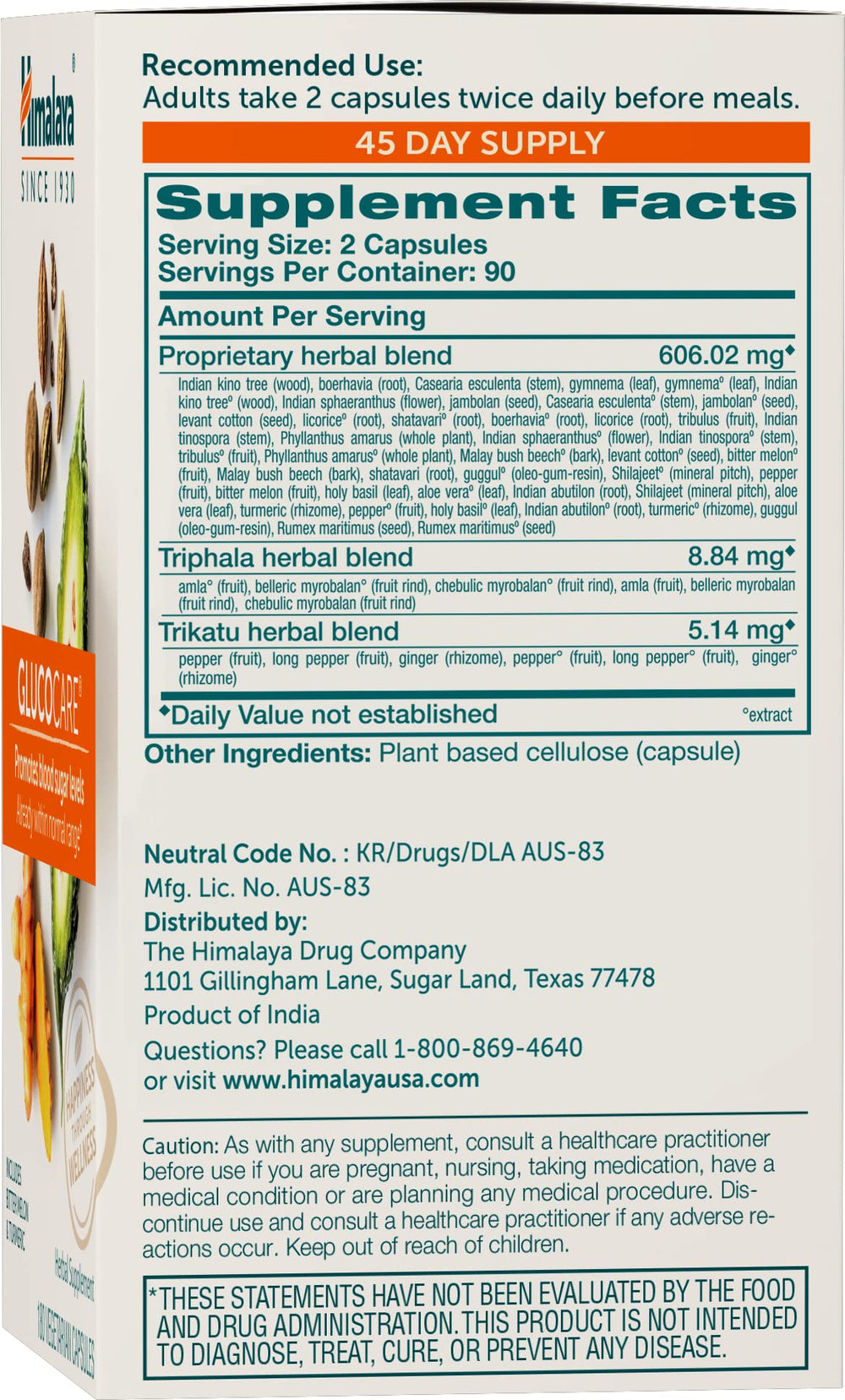 Front view of Himalaya GlucoCare bottle and label