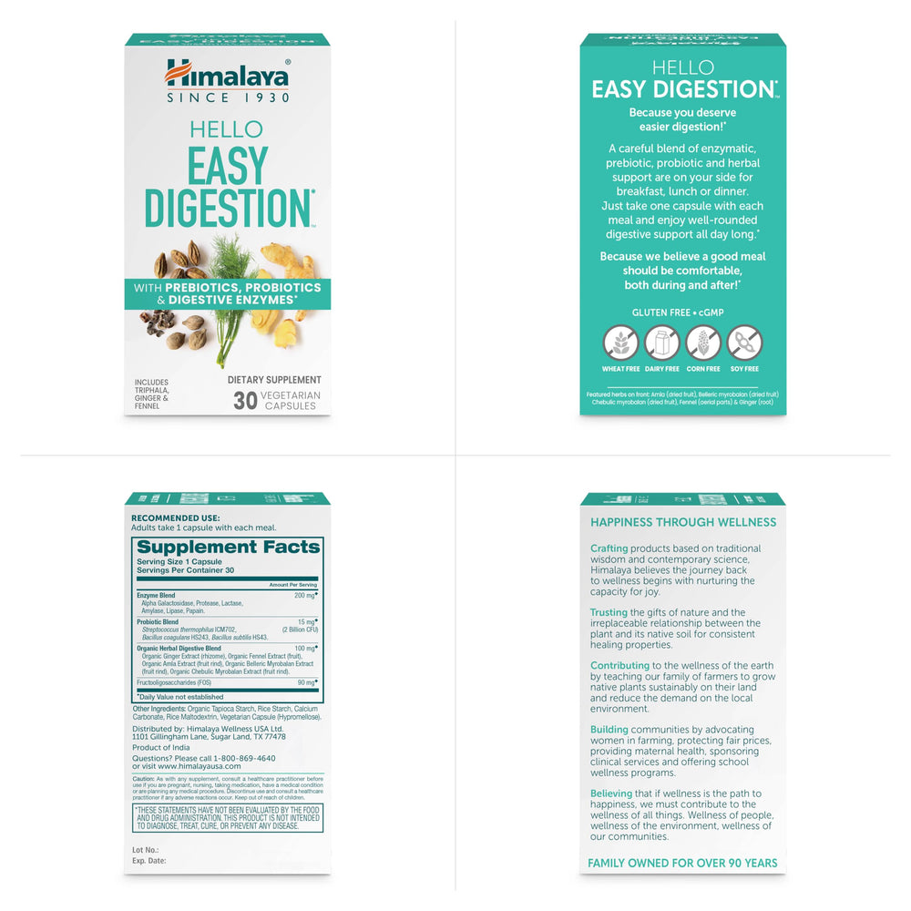 Front view of Himalaya Hello Easy Digestion 30 vegetarian capsules bottle