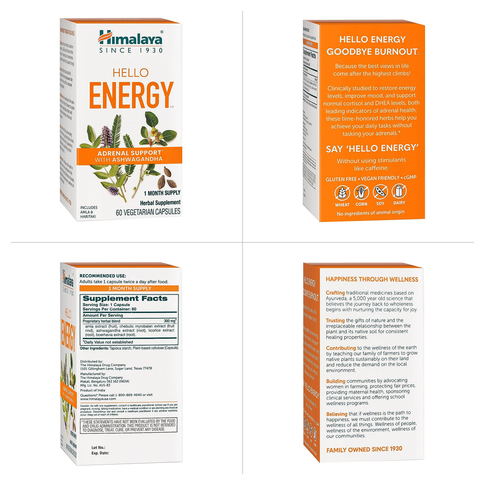 Himalaya Hello Energy daily-use capsules illustrating a 30-day supply mindset