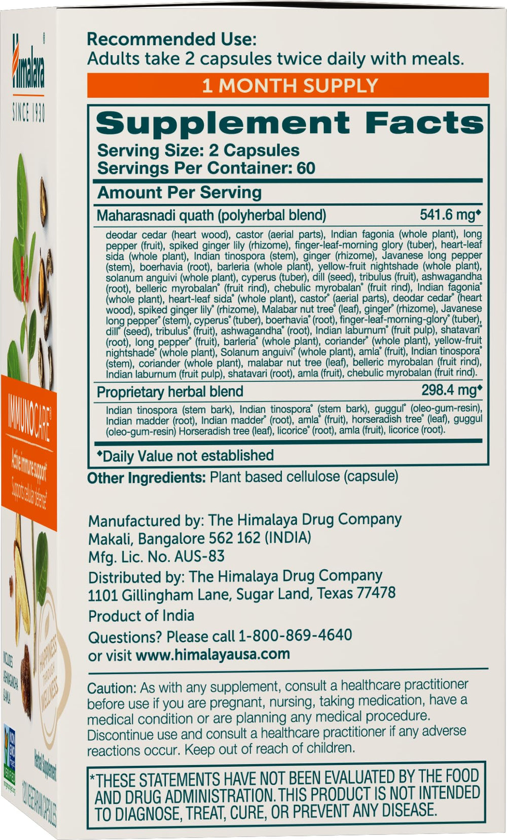 Himalaya ImmunoCare capsules-closeup emphasizing the 840 mg herbal blend