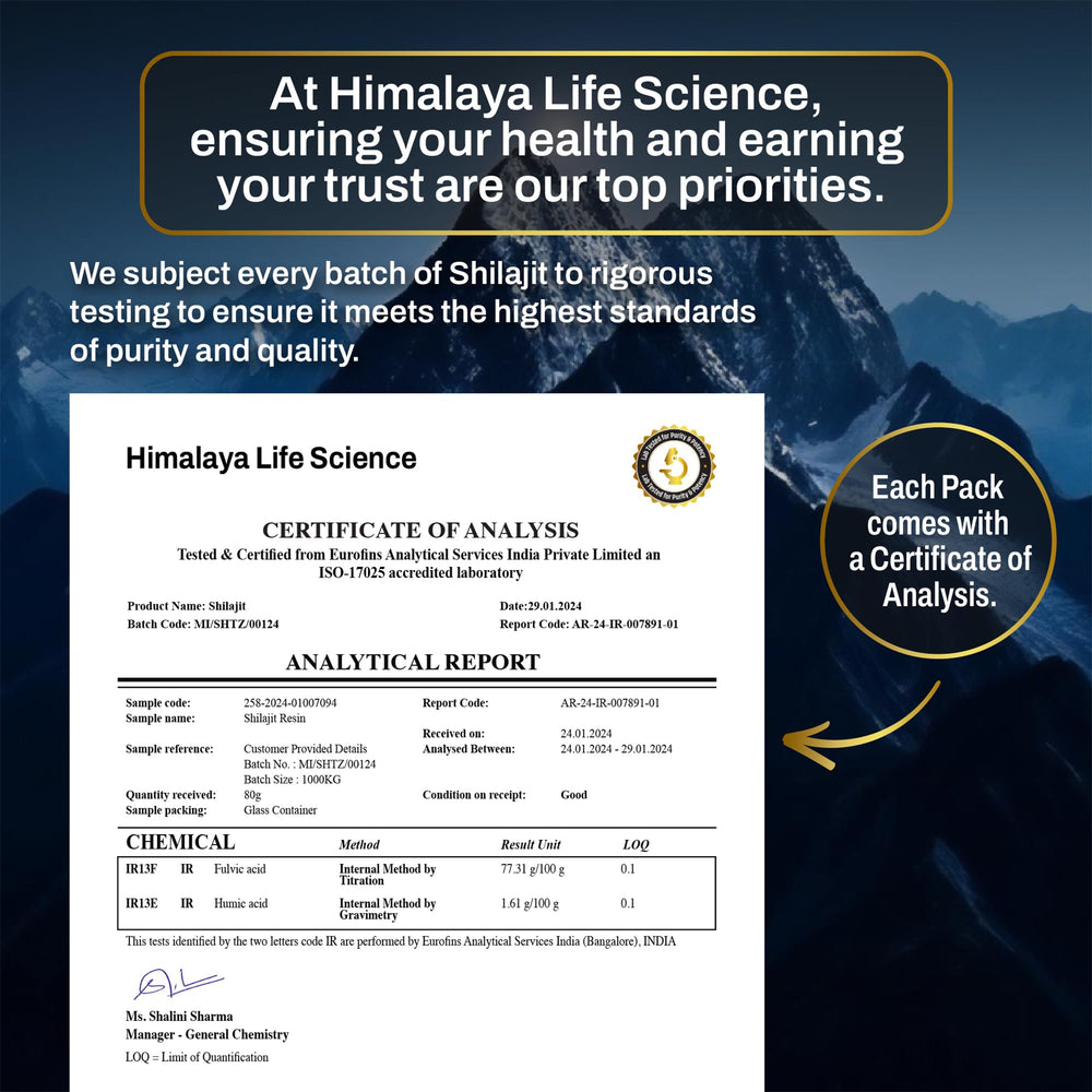 Lab-tested Himalaya Life Science Shilajit resin certificate