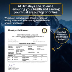 Lab-tested Himalaya Life Science Shilajit resin certificate