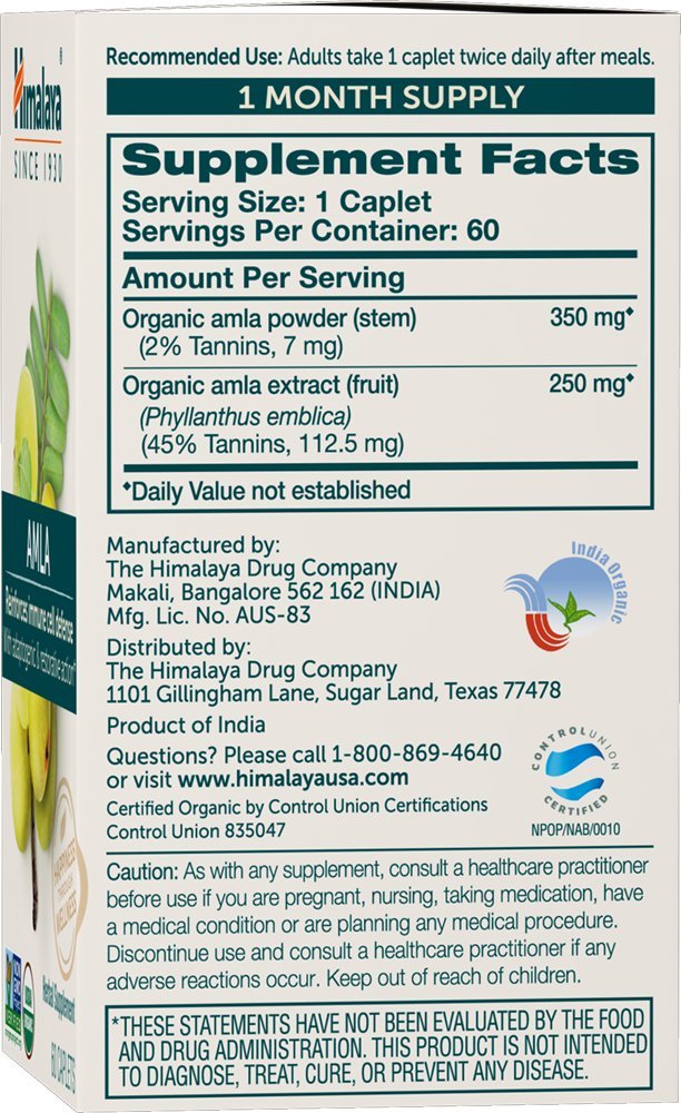 Back label of Himalaya Organic Amla 600 mg bottle