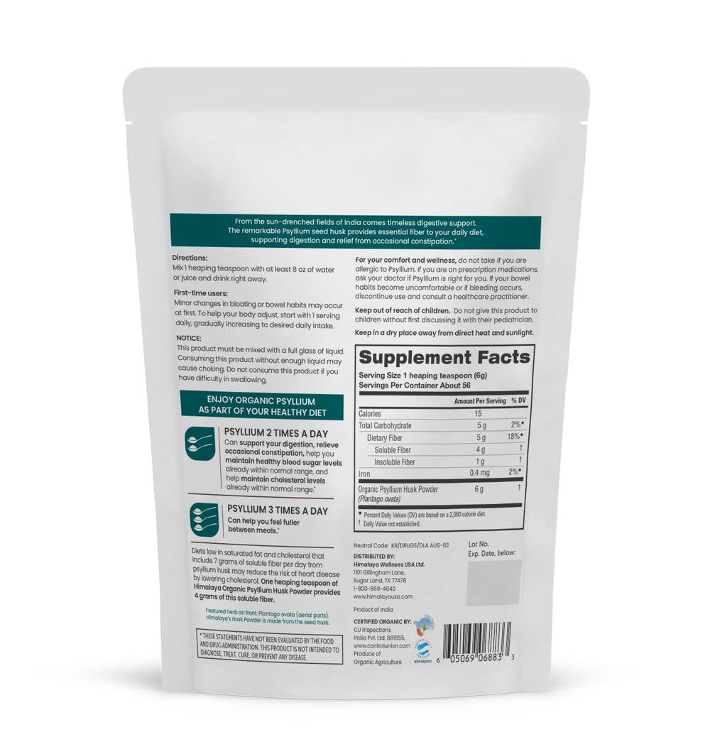 Front view of Himalaya Psyllium Husk Powder packaging showing USDA Organic and Non-GMO labels