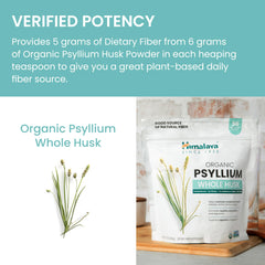 Himalaya Psyllium Whole Husk packaging highlighting vegan and organic attributes