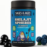 Front label of Himalayan Shilajit Gummies with Blueberry flavor, 60-count package.