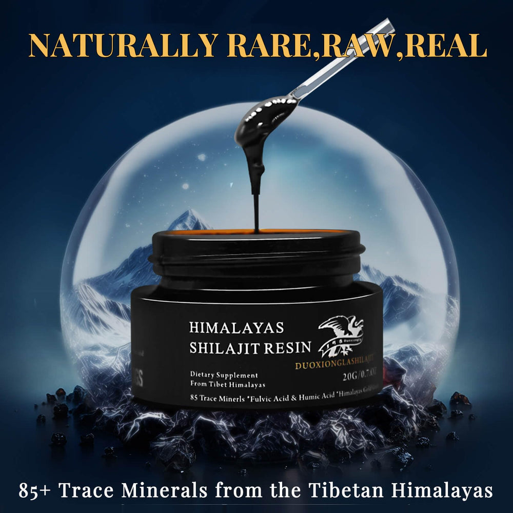 Label on Shilajit resin jar showing 20g and 100 Servings