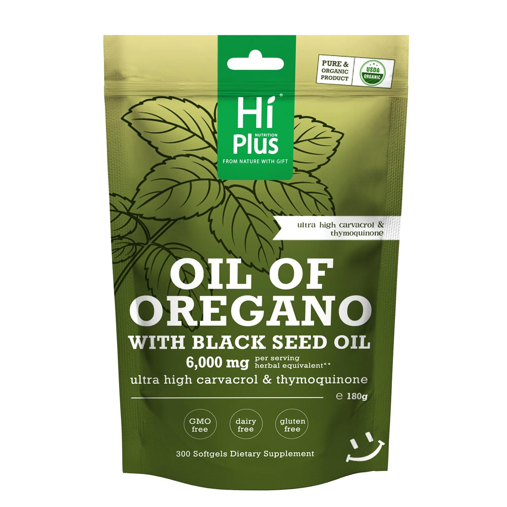 HiPlus 2-in-1 Oil of Oregano and Black Seed Oil softgels bottle front
