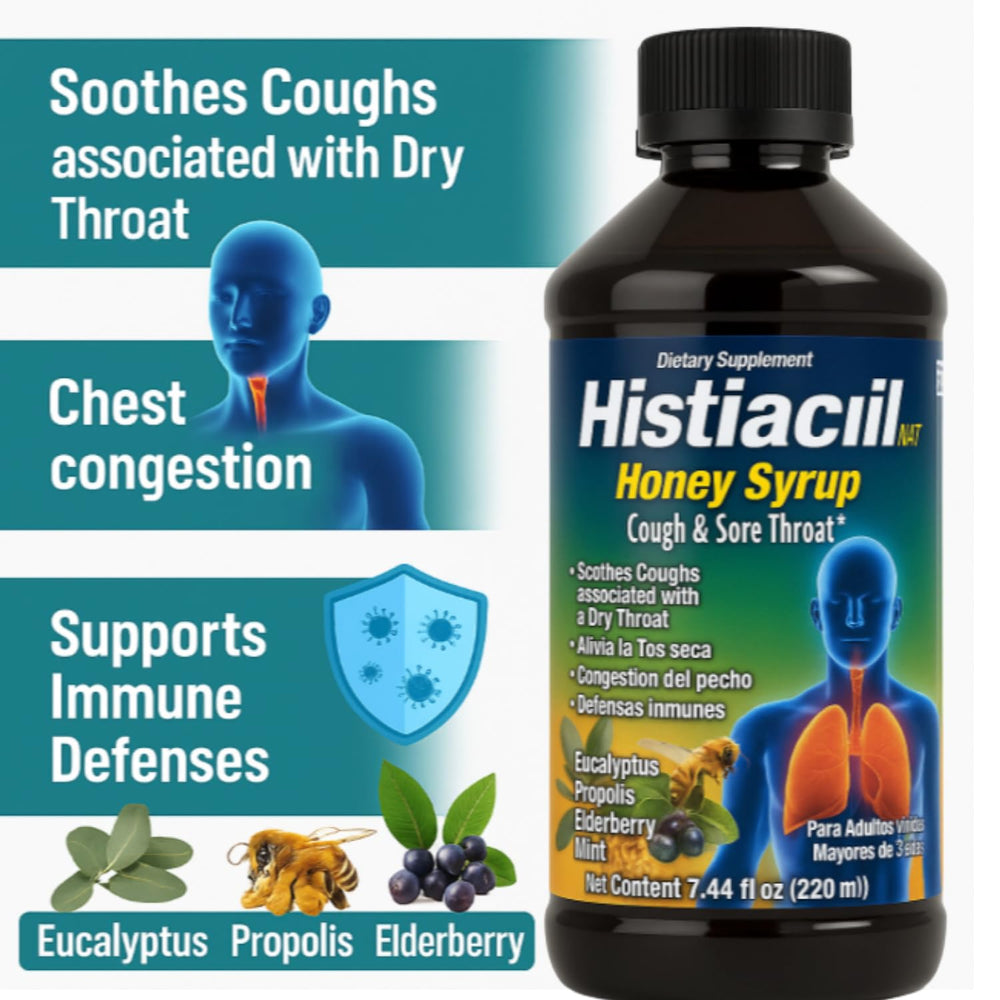 Histiacil NAT Honey Syrup product label detailing natural ingredients