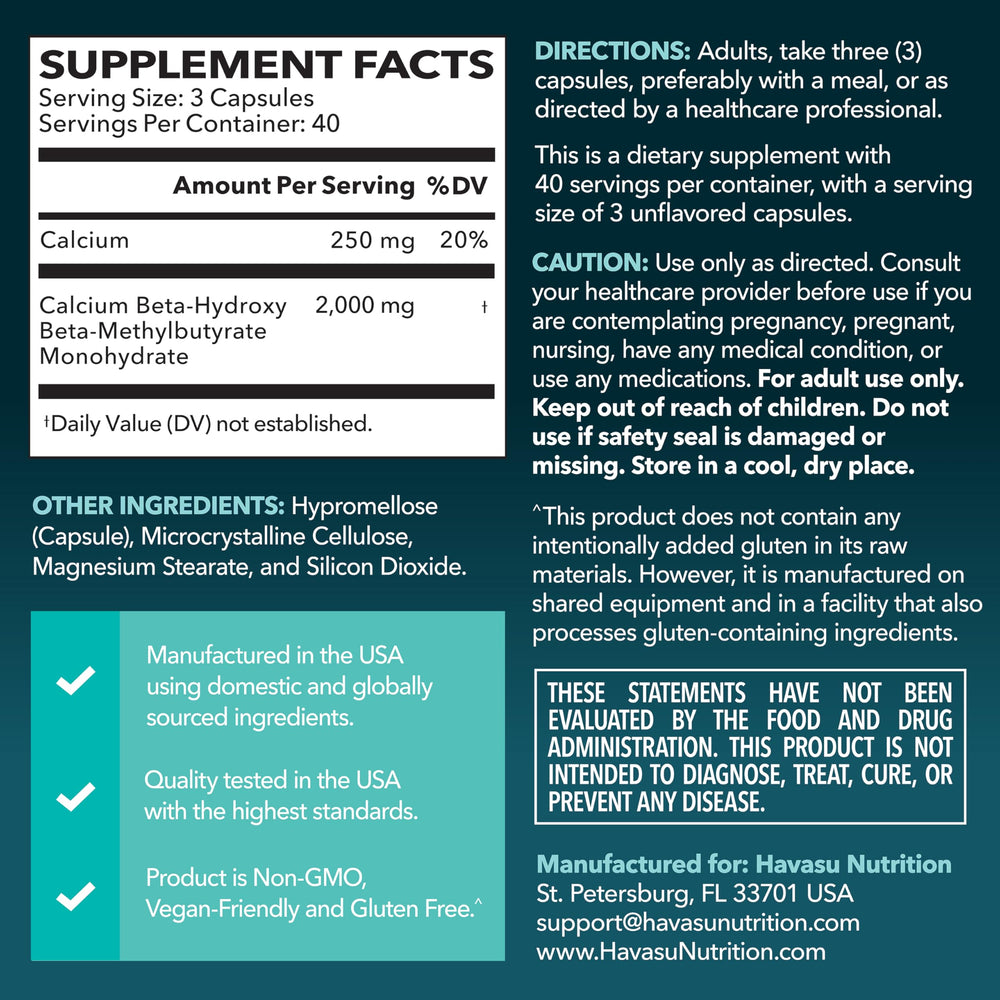 Front of HMB supplement bottle highlighting vegan and gluten-free