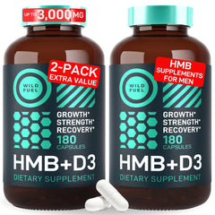Bottle of HMB and Vitamin D3 capsules, 360-count, front view