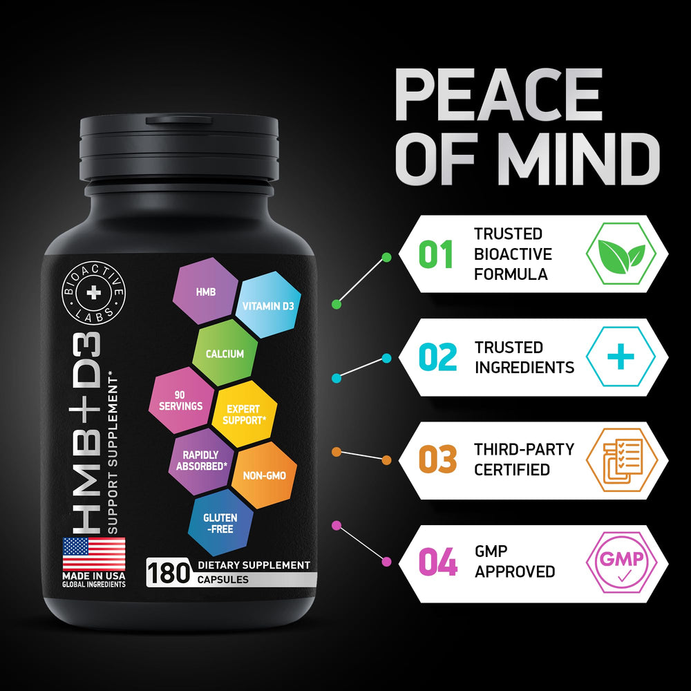 Supplement facts on HMB and Vitamin D3 bottle
