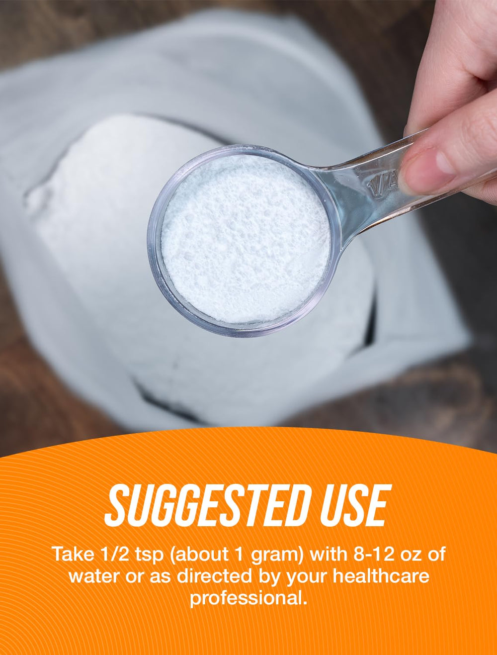 Close-up of HMB powder in a shaker bottle