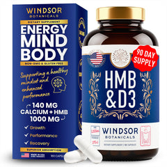 Front view of HMB and Vitamin D3 supplement bottle with 180 capsules