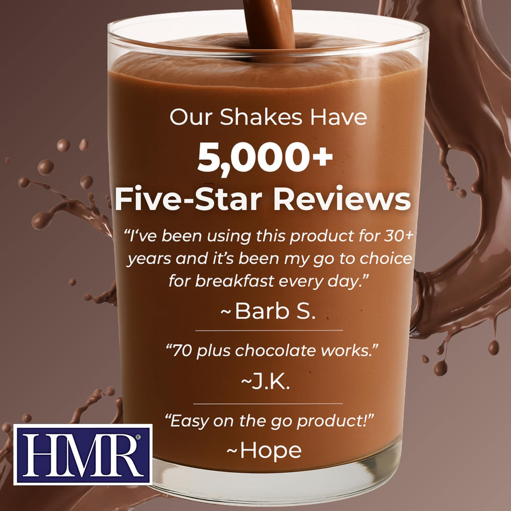 HMR 800 Shake Chocolate being mixed in water in a mug for an easy meal.