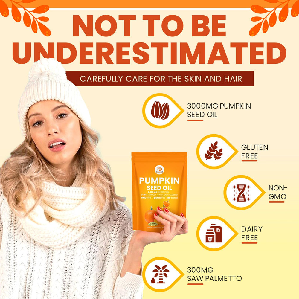 Benefits infographic for Hochornk Pumpkin Seed Oil Capsules: hair, scalp, heart, skin