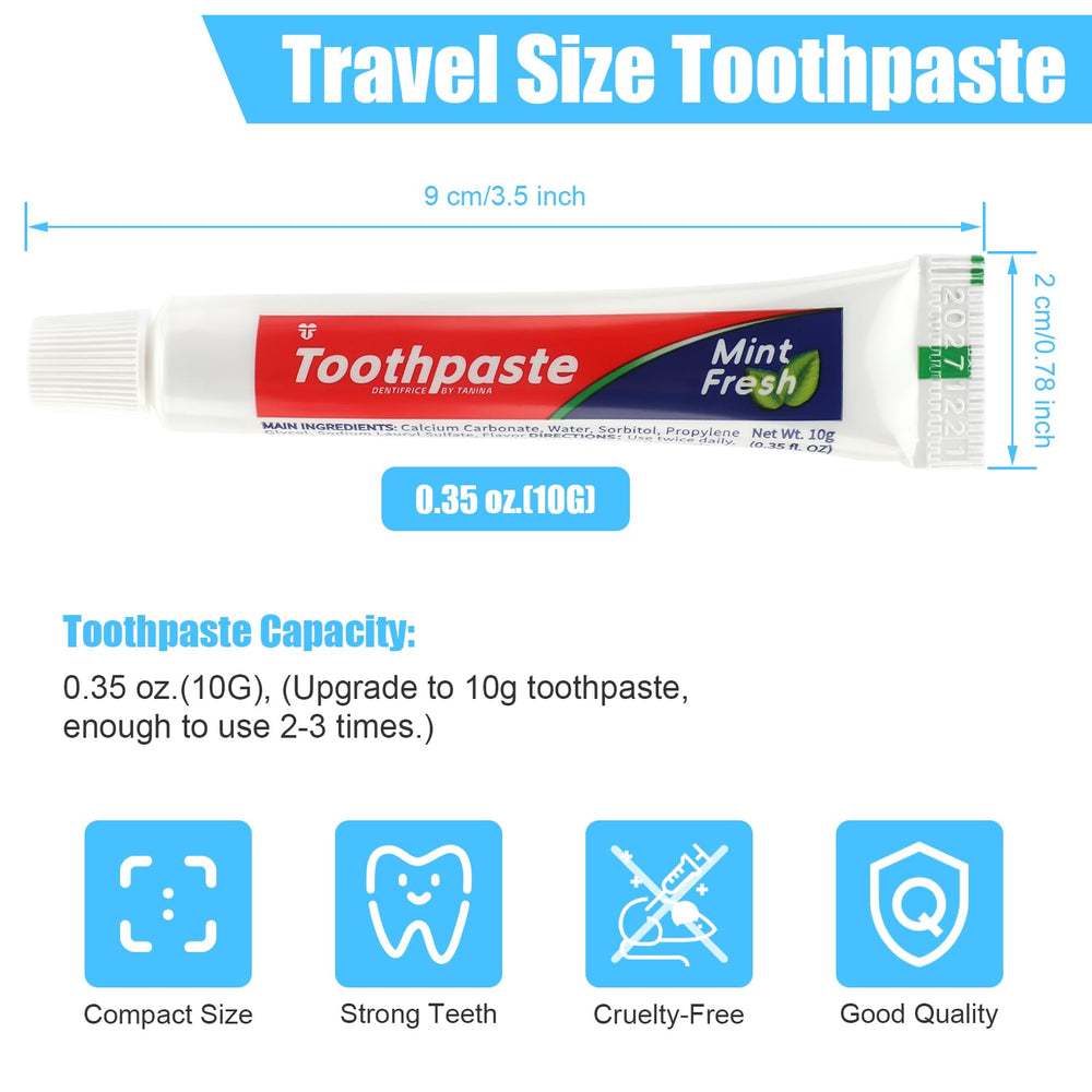 Close-up of 50 travel-size toothpaste tubes 0.8 x 3.5 inches