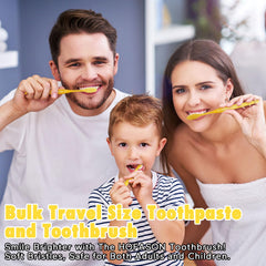 Compact, soft-bristle travel toothbrush with toothpaste