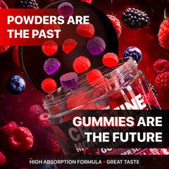Chewable creatine gummies in a clear bowl with workout gear