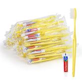HOIQIRY Yellow Disposable Toothbrushes with Toothpaste – Pack of 100, Individually Wrapped for Travel