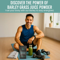 Powder being added to a smoothie with Holistic Bin barley grass juice powder