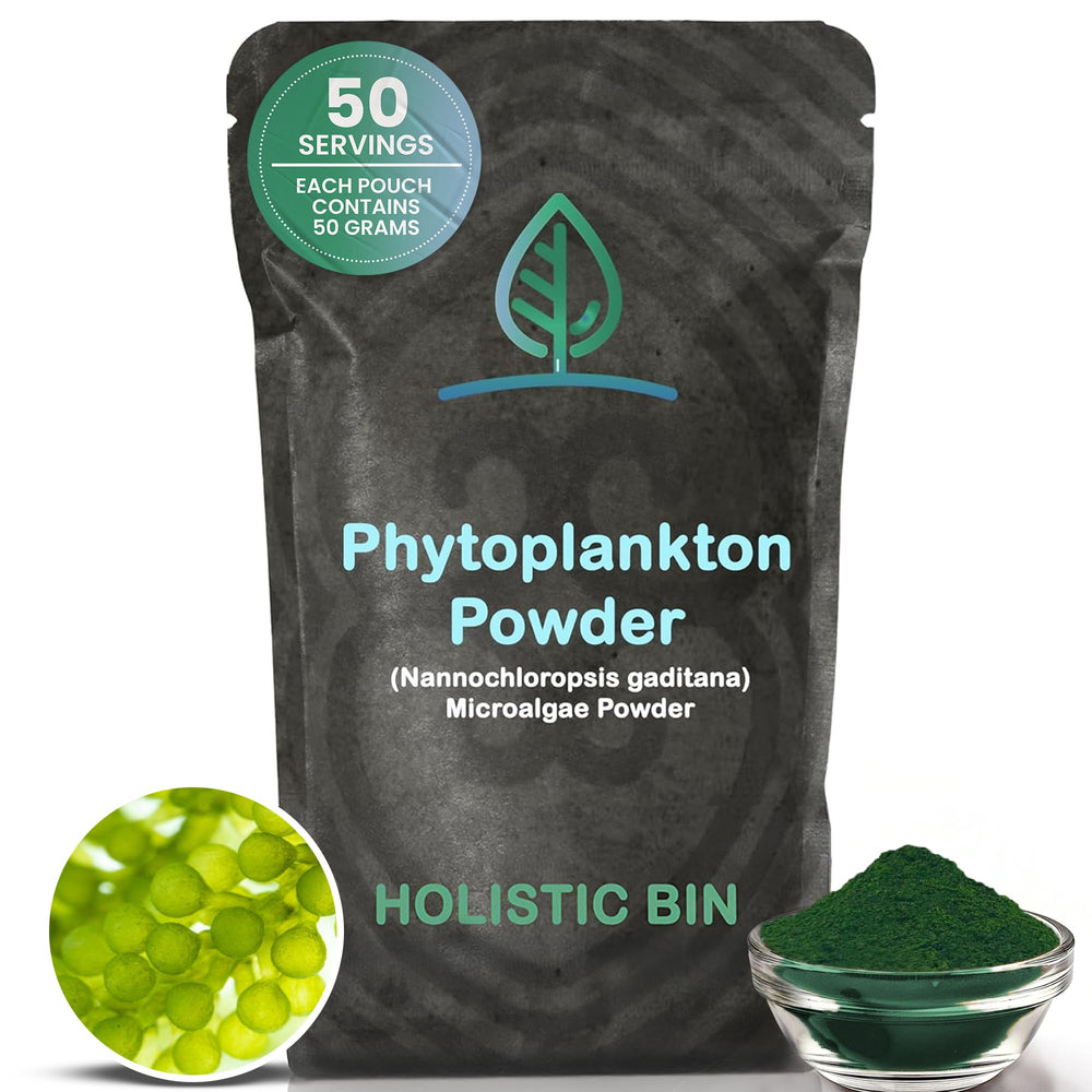 Front view of Holistic Bin Marine Phytoplankton Powder 50g resealable bag