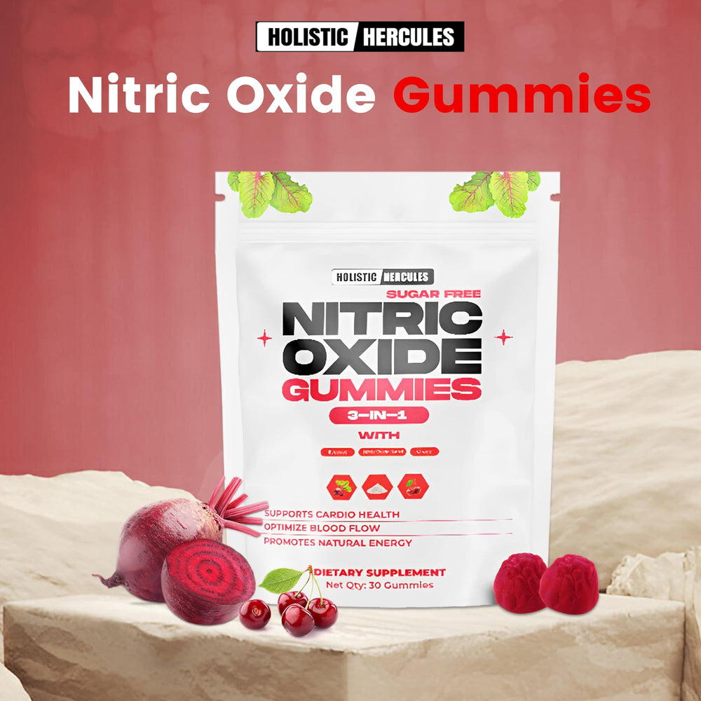 Holistic Hercules Nitric Oxide Gummies arginine boost close-up suggests performance and circulation