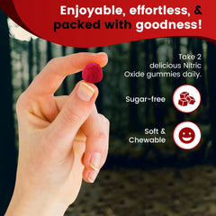 Holistic Hercules Nitric Oxide Gummies packaging back view highlights easy dosing and clean ingredients