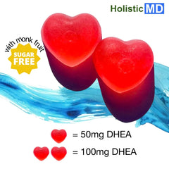 Holistic MD DHEA strawberry gummies close-up highlights vibrant vegan flavor.