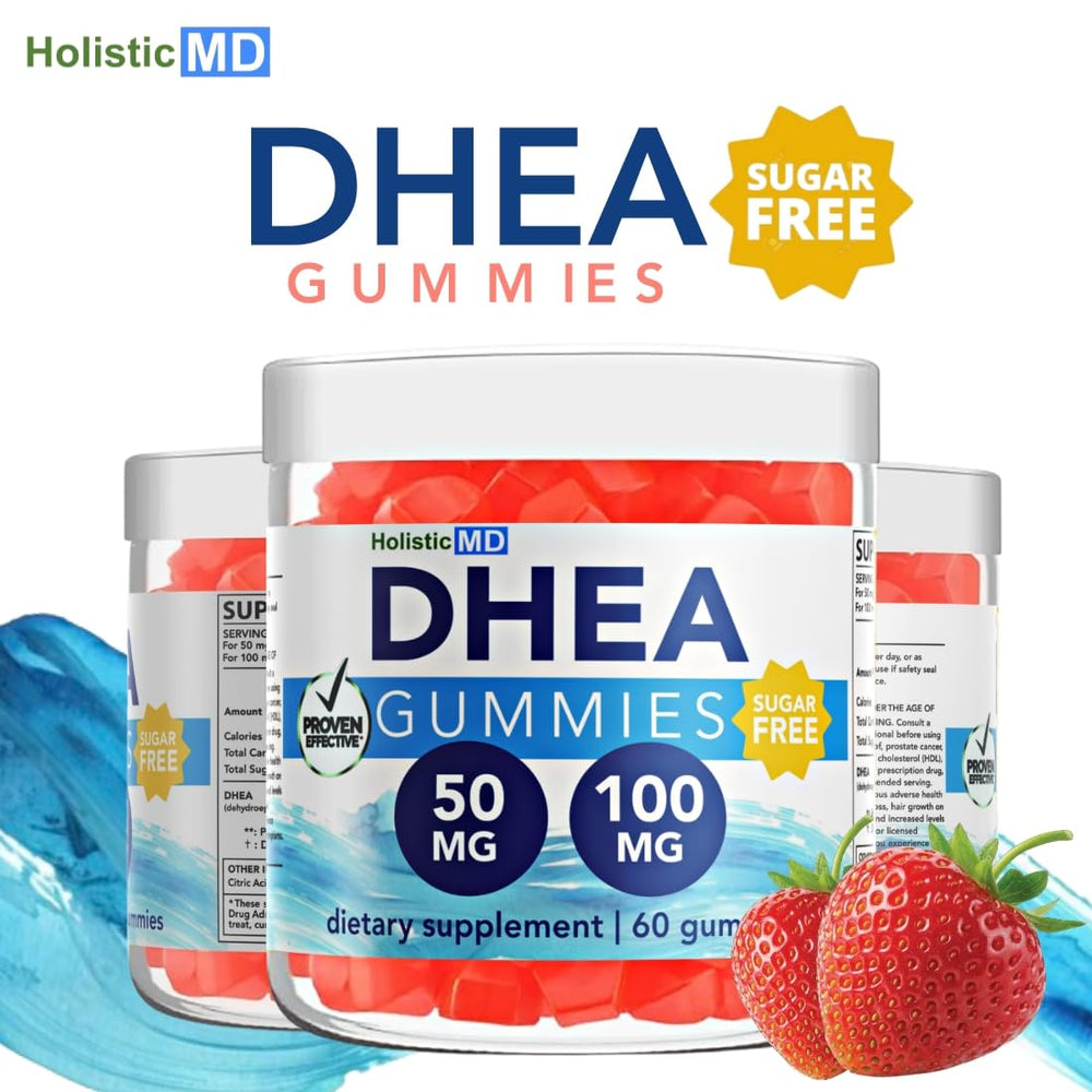 Holistic MD DHEA vegan strawberry ingredients close-up emphasizes plant-based formulation.