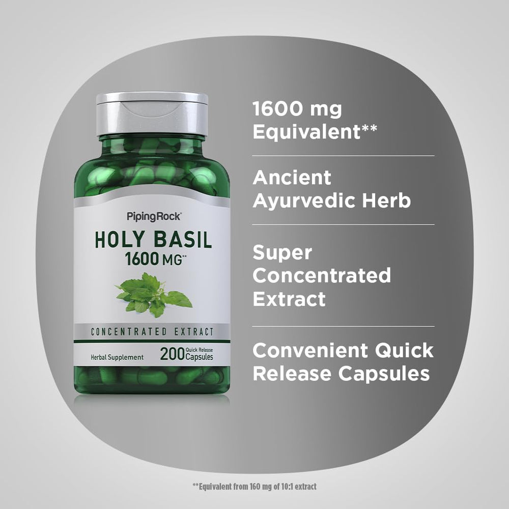 Holy Basil capsules showing 1600 mg Ocimum tenuiflorum extract