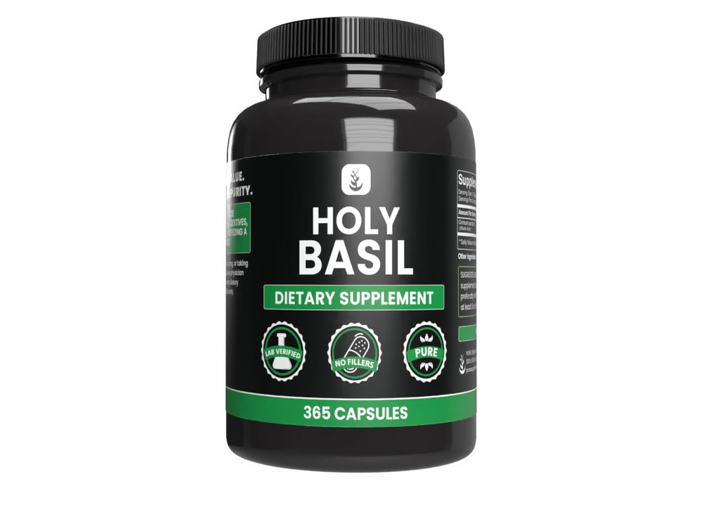 Bottle of Holy Basil capsules labeled Pure Original Ingredients
