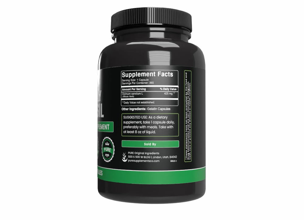 Close-up of single-ingredient Holy Basil capsules