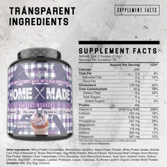 Ingredient lineup featuring whole-grain oat flour, sweet potato flour, whey protein, egg protein, brown rice protein