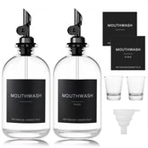 Two black glass mouthwash dispensers with stainless steel spouts – 2-pack