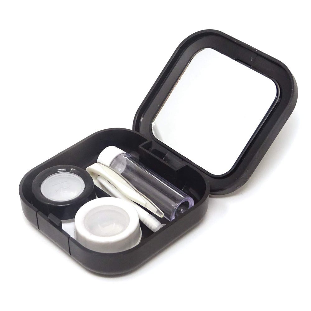 Close-up of the square compact lens case in black