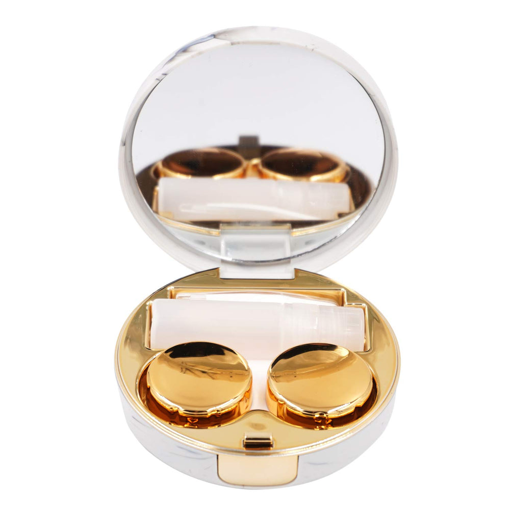 Plastic and glass round lens case close-up in rose gold