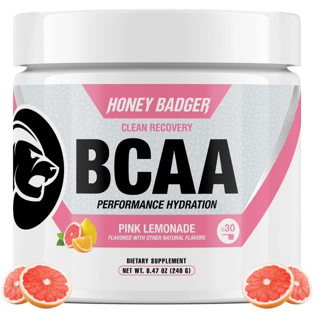 Honey Badger BCAA + EAA Pink Lemonade powder container, 30 servings