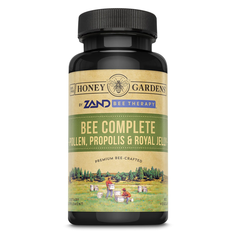 Honey Gardens Bee Pollen, Royal Jelly & Propolis Capsules bottle label