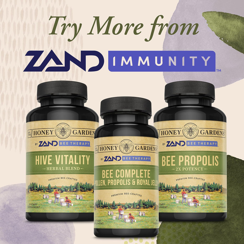 Honey Gardens ZAND Apitherapy-inspired blend box evokes natural wellness rituals.