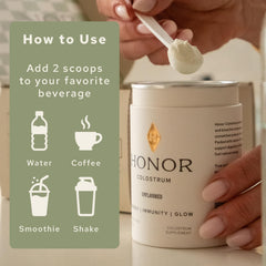 Close-up of HONOR colostrum powder texture shows minimally processed, unflavored formula.