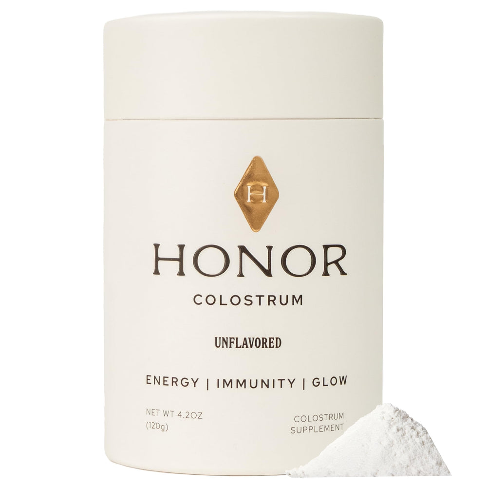 HONOR Supplements colostrum powder unflavored canister for convenient daily nutrition.