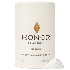 HONOR Supplements colostrum powder unflavored canister for convenient daily nutrition.