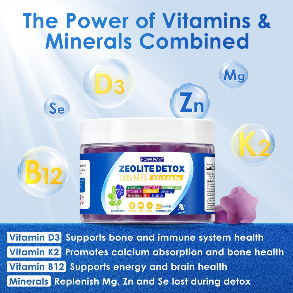 HONVOVAEY Zeolite Detox gummies ingredient panel featuring Clinoptilolite Zeolite, Chlorella, Milk Thistle.