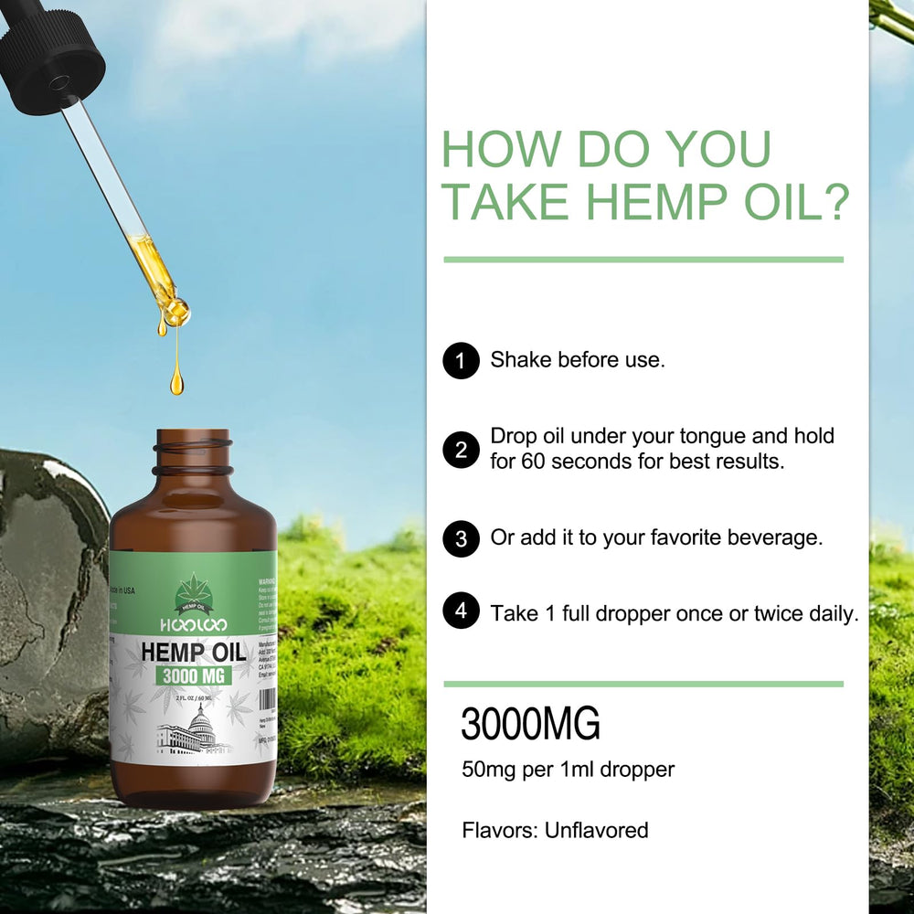 HOOLOO Hemp Oil packaging and bottle beside box